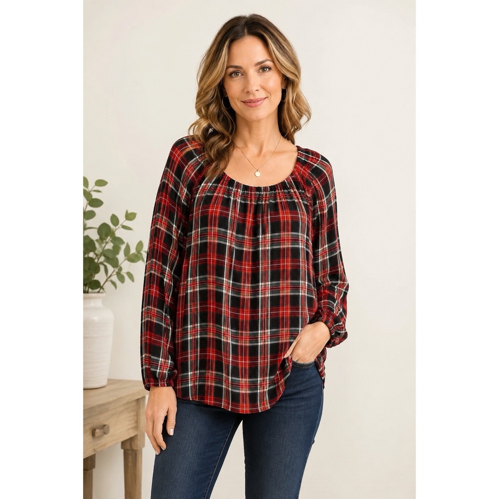 LOFT Women's XL Red Black Plaid Peasant Blouse Long Sleeve Scoop Neck Boho Top